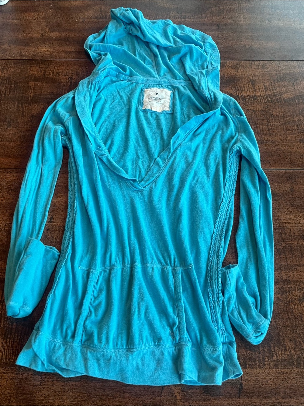 Y2K American Eagle Deep V Neck Hoodie Top Blue Cotton Long Sleeve Womens S Read